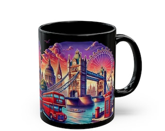 London Souvenir Mug | Vintage Style Tower Bridge, Big Ben & Red Bus | UK Travel Gift