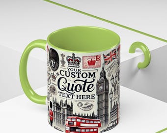 Personalized London Mug Custom Quote UK Travel Mug, London Landmarks Teacup Design, British Gift, Big Ben Red Bus Custom Text Coffee Cup