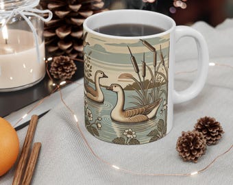Vintage Goose Art Coffee Mug, Rustic Lakeside Waterfowl Design