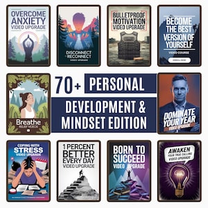 May include: A collage of colorful video course covers with titles like "Overcome Anxiety", "Bulletproof Motivation", "Become the Best Version of Yourself", "Breathe", "Coping with Stress", "1 Percent Better Every Day", "Born to Succeed", "Dominate Your Year", and "Awaken Your True Calling". The collage is titled "70+ Personal Development & Mindset Edition".