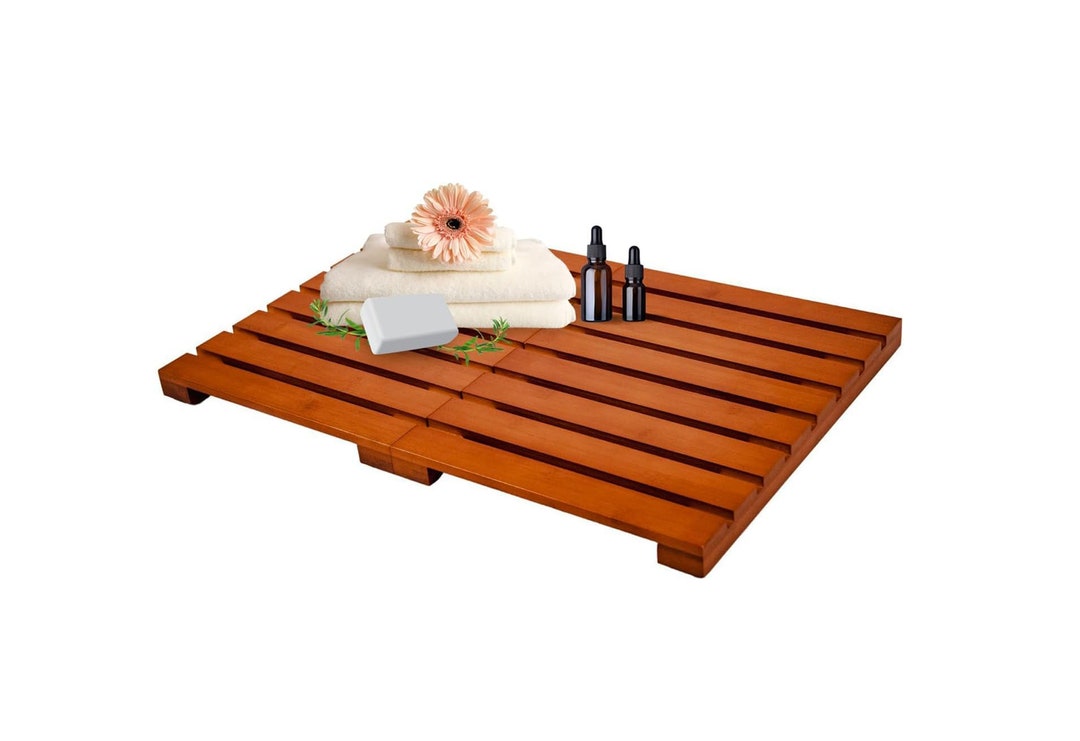 Bamboo Bath Mat Teak Shade Foldable Wood Bath Mat Bathroom Accessories