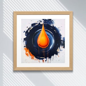 May include: A framed abstract painting of a single orange drop of liquid falling into a blue circle. The background is white with splashes of orange and blue paint.