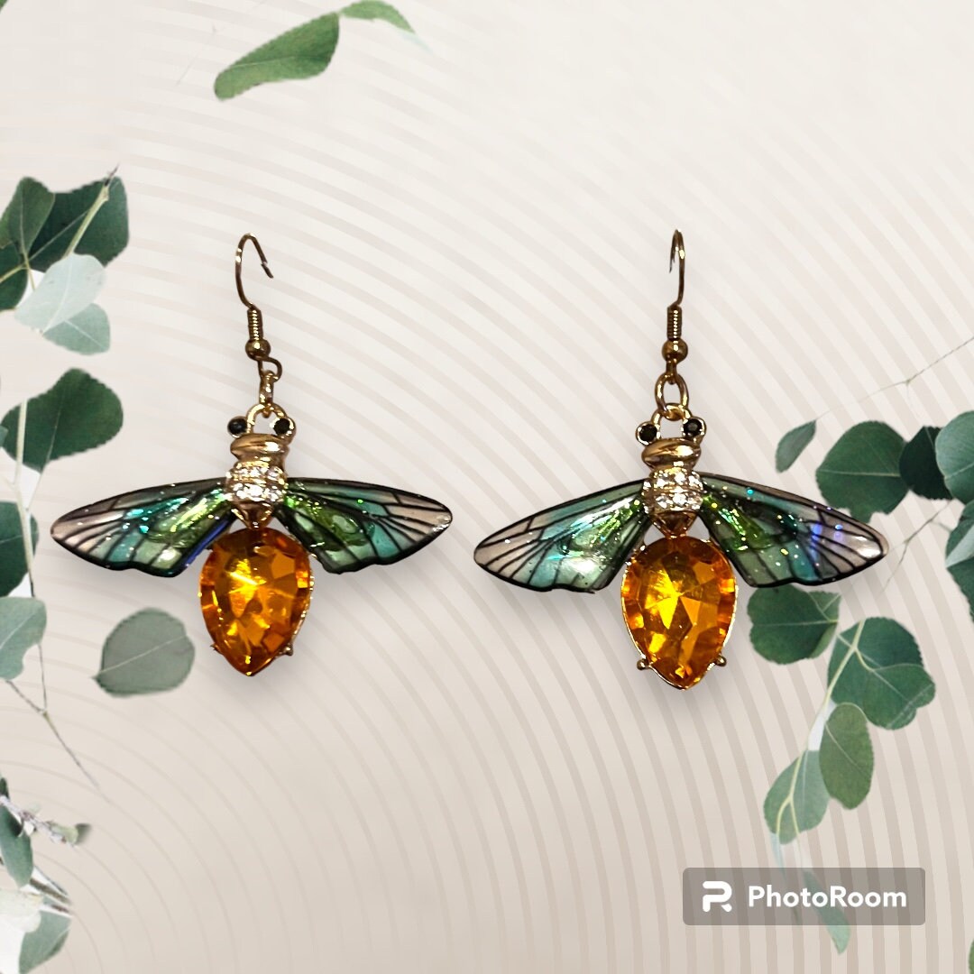 Winged Bumble Bee Gem Earrings - Etsy