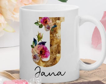 Personalisierte Tasse mit Buchstabe | Tasse mit Namen | Tasse mit Wunschname| Keramiktasse mit goldenem floralen Buchstaben