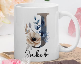 Personalisierte Tasse mit Buchstabe | Tasse mit Namen | Tasse mit Wunschname| Keramiktasse mit blauem floralen Buchstaben