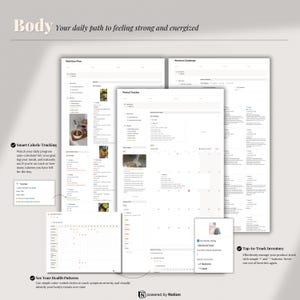 May include: A digital planner with the word "Body" at the top, and the text "Your daily path to feeling strong and energized". The planner includes sections for nutrition, workouts, and health tracking, with features like calorie tracking and inventory management.
