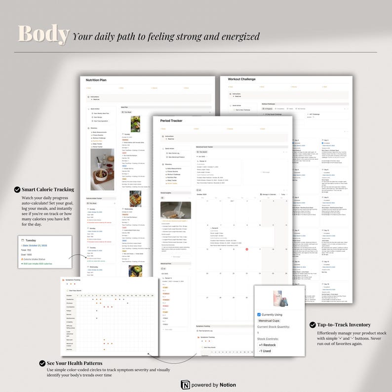 May include: A digital planner with the word "Body" at the top, and the text "Your daily path to feeling strong and energized". The planner includes sections for nutrition, workouts, and health tracking, with features like calorie tracking and inventory management.