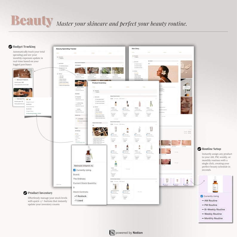 May include: A digital interface with the word "Beauty" at the top, showcasing skincare and beauty routine organization. Features include budget tracking, product inventory, and routine setup. The interface displays product details and schedule options.