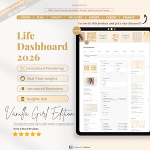All-in-One 2026 Notion Template |Vision, Plan, Health, Wellness, Career & Finance|ADHD Personal Planner |Vanilla Girl Aesthetic Life Planner