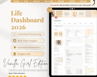 All-in-One 2026 Notion Template |Vision, Plan, Health, Wellness, Career & Finance|ADHD Personal Planner |Vanilla Girl Aesthetic Life Planner