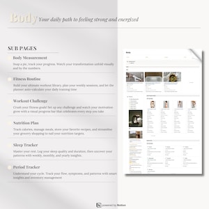 May include: A digital wellness planner interface with the word "Body" at the top, followed by the phrase "Your daily path to feeling strong and energized." Subpages include Body Measurement, Fitness Routine, Workout Challenge, Nutrition Plan, Sleep Tracker, and Period Tracker.
