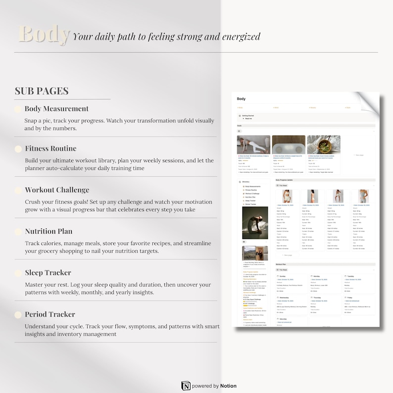 May include: A digital wellness planner interface with the word "Body" at the top, followed by the phrase "Your daily path to feeling strong and energized." Subpages include Body Measurement, Fitness Routine, Workout Challenge, Nutrition Plan, Sleep Tracker, and Period Tracker.