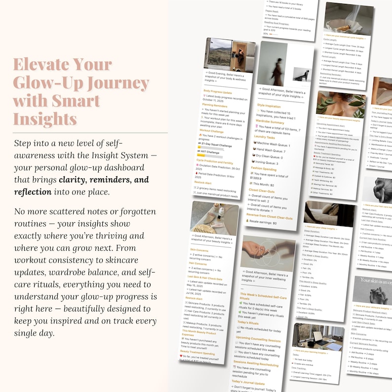 May include: A promotional image with the text "Elevate Your Glow-Up Journey with Smart Insights." The image features a collection of organized notes and lists, suggesting a self-care or wellness tracking system. The overall aesthetic is clean and modern.