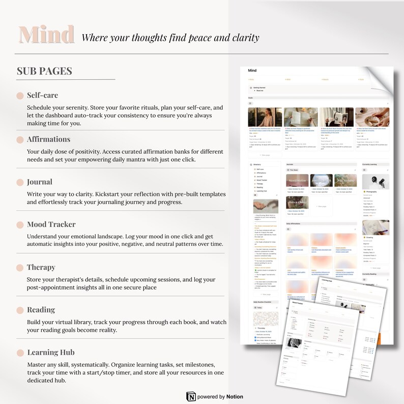 May include: A digital interface with the word "Mind" and the text "Where your thoughts find peace and clarity." The interface includes sections for self-care, affirmations, journaling, mood tracking, therapy, reading, and a learning hub. The interface is powered by Notion.
