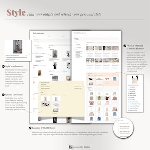 May include: A digital wardrobe planning interface with the word "Style" at the top. The interface includes features for outfit planning, style matching, special occasions, and laundry management. The text reads "Plan your outfits and refresh your personal style."