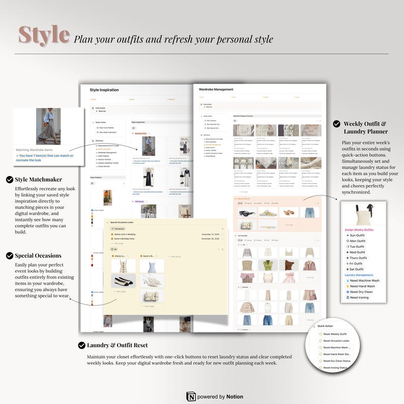 May include: A digital wardrobe planning interface with the word "Style" at the top. The interface includes features for outfit planning, style matching, special occasions, and laundry management. The text reads "Plan your outfits and refresh your personal style."