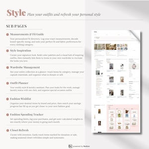 May include: A webpage titled "Style" with the text "Plan your outfits and refresh your personal style." The page features subpages for measurements, style inspiration, wardrobe management, outfit planning, fashion wishlist, spending tracker, and closet refresh.
