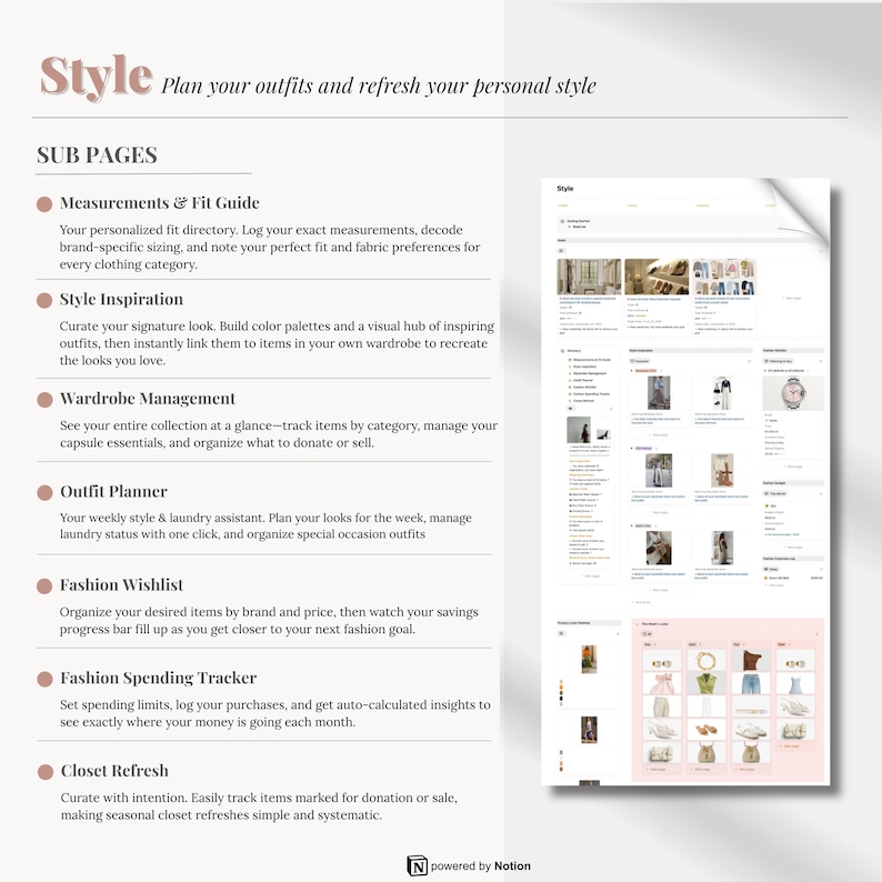 May include: A webpage titled "Style" with the text "Plan your outfits and refresh your personal style." The page features subpages for measurements, style inspiration, wardrobe management, outfit planning, fashion wishlist, spending tracker, and closet refresh.