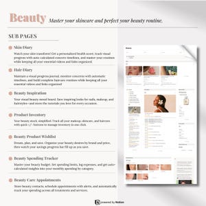 May include: A webpage titled "Beauty" with subpages for skincare and beauty routines. The page includes sections for skin and hair diaries, beauty inspiration, product inventory, a wishlist, spending tracker, and appointment scheduling.