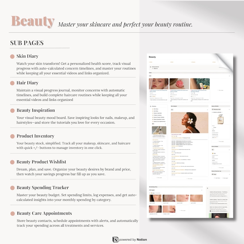 May include: A webpage titled "Beauty" with subpages for skincare and beauty routines. The page includes sections for skin and hair diaries, beauty inspiration, product inventory, a wishlist, spending tracker, and appointment scheduling.
