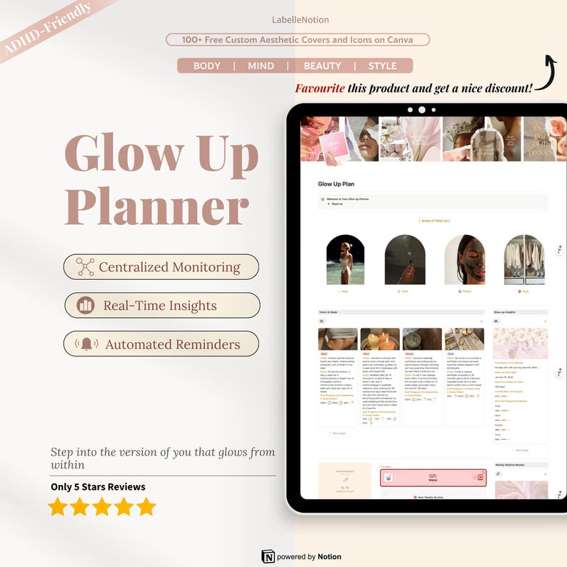 Notion Glow Up Planner | That Girl Aesthetic | Body Mind Beauty Style Dashboard | Digital Life Planner| Wellness Tracker | Self Care Journal image 1