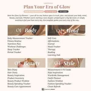 May include: A digital planner titled "Plan Your Era of Glow" with sections for body, mind, beauty, and style. Includes trackers for fitness, mood, and spending. The template is designed for use with Notion.