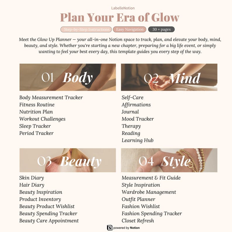 May include: A digital planner titled "Plan Your Era of Glow" with sections for body, mind, beauty, and style. Includes trackers for fitness, mood, and spending. The template is designed for use with Notion.