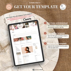 May include: A digital tablet displays a Canva template with the text "GET YOUR TEMPLATE." The image shows a website with beauty product examples. Instructions include purchasing, accessing, and duplicating the template. The background is a marble-like surface.