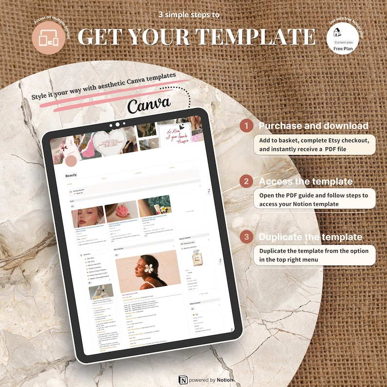 May include: A digital tablet displays a Canva template with the text "GET YOUR TEMPLATE." The image shows a website with beauty product examples. Instructions include purchasing, accessing, and duplicating the template. The background is a marble-like surface.