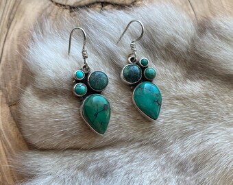 Vintage Sterling Silver 925 Multi-stone Turquoise Dangle Teardrop Earrings