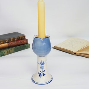 Vintage Hand Painted Delft Blue Tulip Candlestick Holder | Antique White & Blue Floral Candle Holder | Old collectible Pottery Chamberstick