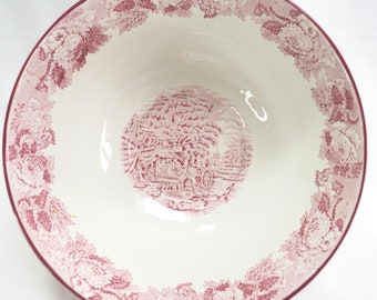 Vintage Enoch Wood roze en witte "Woods Ware" fruitschaal | Engelse landschapscollectie Wood and Sons | Gemaakt in Engeland | Gebloemde punchbowl