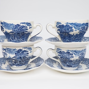 Vintage Enoch Wedgewood China Set | Woodland Theme | Antique China Tea Cups & Saucers | Set of Four | Blue and White English Ceramic China