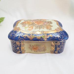 Rare Vintage Asian Floral Trinket Box Porcelain Pottery | Stamped &#39;Hand Painted&#39; | Gold Gilded Rose Themed Jewelry Box | Old Ring Box