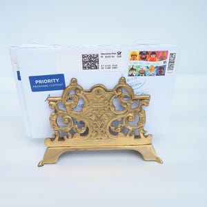 Vintage Victorian Brass Letter Rack | Antique Moulded Brass Mail Stand | Home Office File/Post Stand | Gold Brass Ornament | Desk Organizer