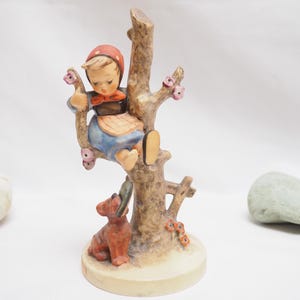 Puede incluir: Figura de cerámica de un niño con gorro rojo y vestido azul, posado en una rama de árbol. Un perro marrón está en la base del árbol. La figura tiene una base de color crema y está decorada con flores rosas.