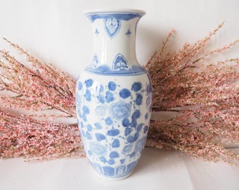 ヴィンテージ ブルー & ホワイト 中国陶器花瓶 カワセミ柄