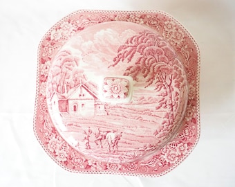 Vintage Wood & Sons Burslem England roze transferware "Woodland" serveerschaal | Gemaakt in Engeland | Roze serveerschaal met deksel | Dineren