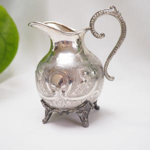 Victorian Antique Silver Plate Footed Creamer | Old English Silver Plated Milk Jug | Finely Decorated Creamer For Tea Set | Tea Party Jug