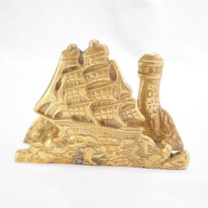 Vintage Brass Galleon Sailing Ship & Lighthouse Letter Rack | Antique Molded Brass Mail Stand | Home Office Post Stand | Gold Brass Ornament
