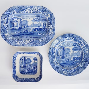 Antique Set of Copeland Spode&#39;s Italian Themed China | Vintage English Porcelain Serving Set | Blue & White China Serving Tray, Plate, Dish