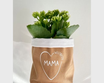 Blumentopf / Übertopf aus beschichtetem Canvas-Stoff / Geschenk zu Muttertag - Weltbeste Mama, camel weiß