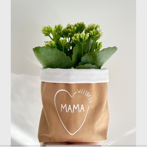 Blumentopf / Übertopf aus beschichtetem Canvas-Stoff / Geschenk zu Muttertag - Weltbeste Mama, camel weiß