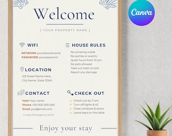 Modello Canva per il cartello di benvenuto di Airbnb, cartello modificabile con password WiFi e regole della casa, decorazioni per host, stampabile in spagnolo e inglese