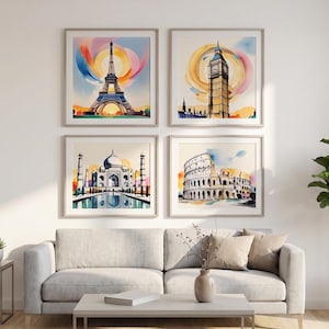 Aquarelprints van wereldberoemde monumenten, reisdecoratie voor aan de muur, decoratie voor Airbnb en vakantiewoningen, digitale download