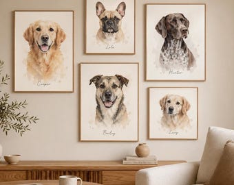 Set di stampe artistiche da parete con cani (5 stampe) | Ritratti di animali domestici ad acquerello | Regalo per amanti dei cani e decorazioni per Airbnb con animali domestici | Stampe di cani ad acquerello scaricabili