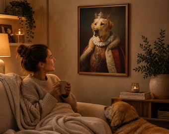 Ritratto di cane reale stampabile | Ritratto personalizzato di animale domestico in stile barocco | Divertente arte del re dei cani | Regalo per amanti degli animali | Ritratto di cane reale scaricabile