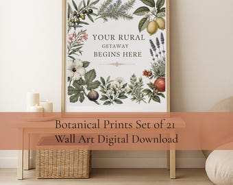Set di 21 stampe botaniche vintage | Pacchetto di stampe digitali da parete | Arredamento in stile rustico e country | Decorazioni per il bagno | Download digitale