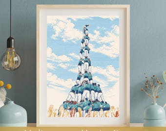 Stampa artistica da parete mediterranea | Illustrazione di Castellers Tarragona | Poster Costa Dorada Spagna | Download digitale