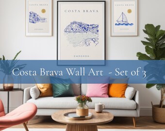 Quadri da parete a tema costiero, set di 3 quadri Costa Brava, stampe minimaliste con linee stilizzate, poster della Spagna mediterranea, decorazioni per Airbnb, download digitale.